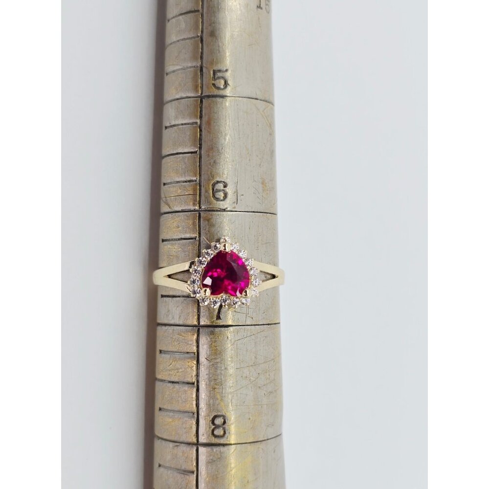 14K Solid Yellow Gold Designer Heart Shaped Synthetic Ruby & CZ Ring - Size 6.50 - Picture 13 of 14